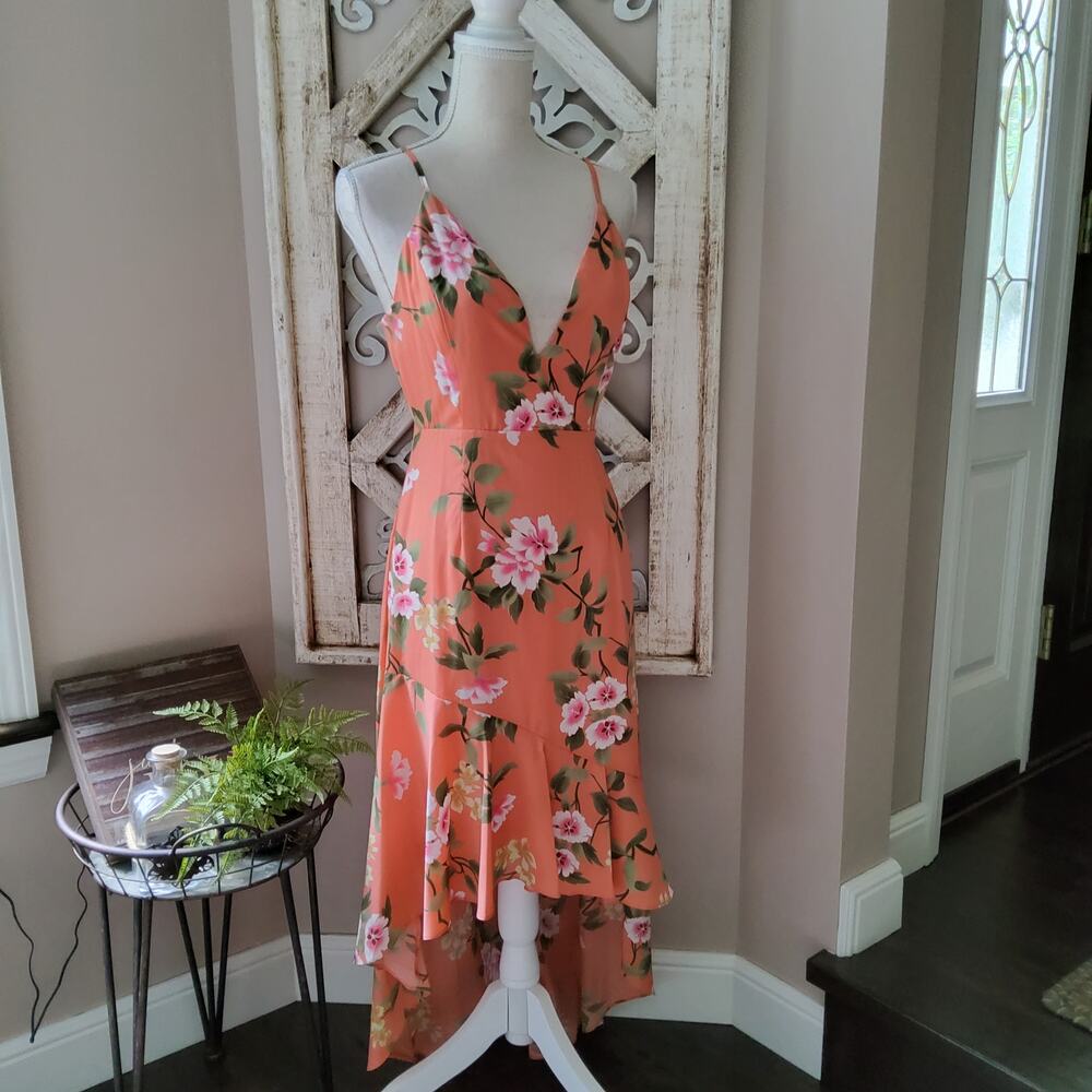 Ambition Apricot Peach Floral High Low Fit Flare Midi Dress Small Cottage